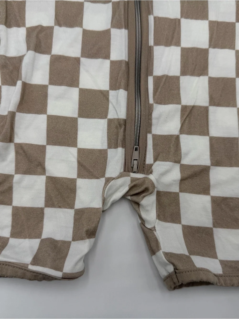 Bamboo Toddler Kids Short Sleeve Zip Romper in Beige Check 12-18 months